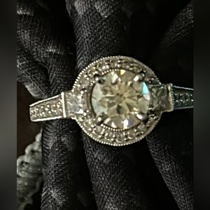 Engagement Ring 14k White Gold antique style 1 CT round diamond, 73 round